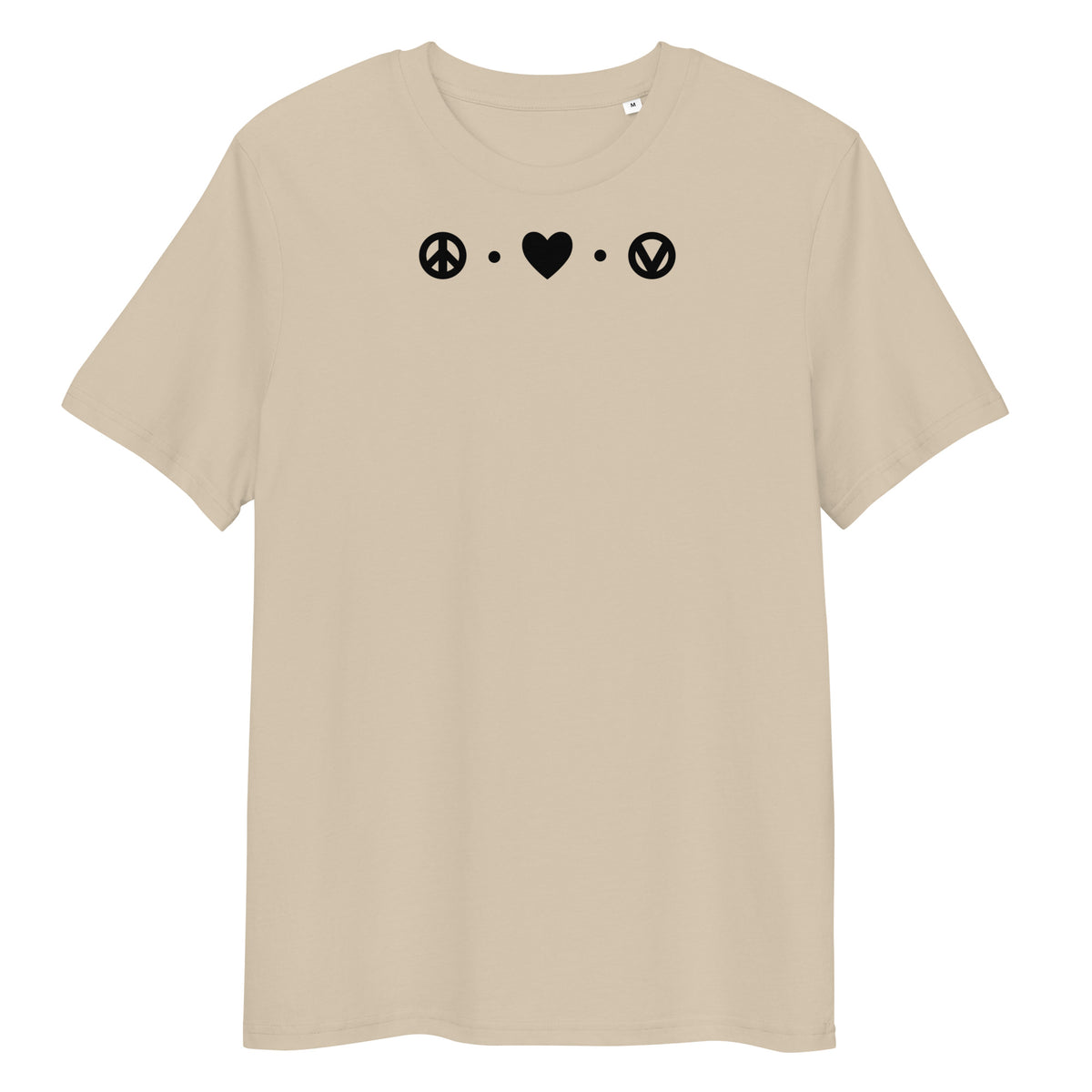 Beiges Bio-Baumwoll-T-Shirt mit schwarzem Peace-Herz-Vegan-Aufdruck auf der Brust.