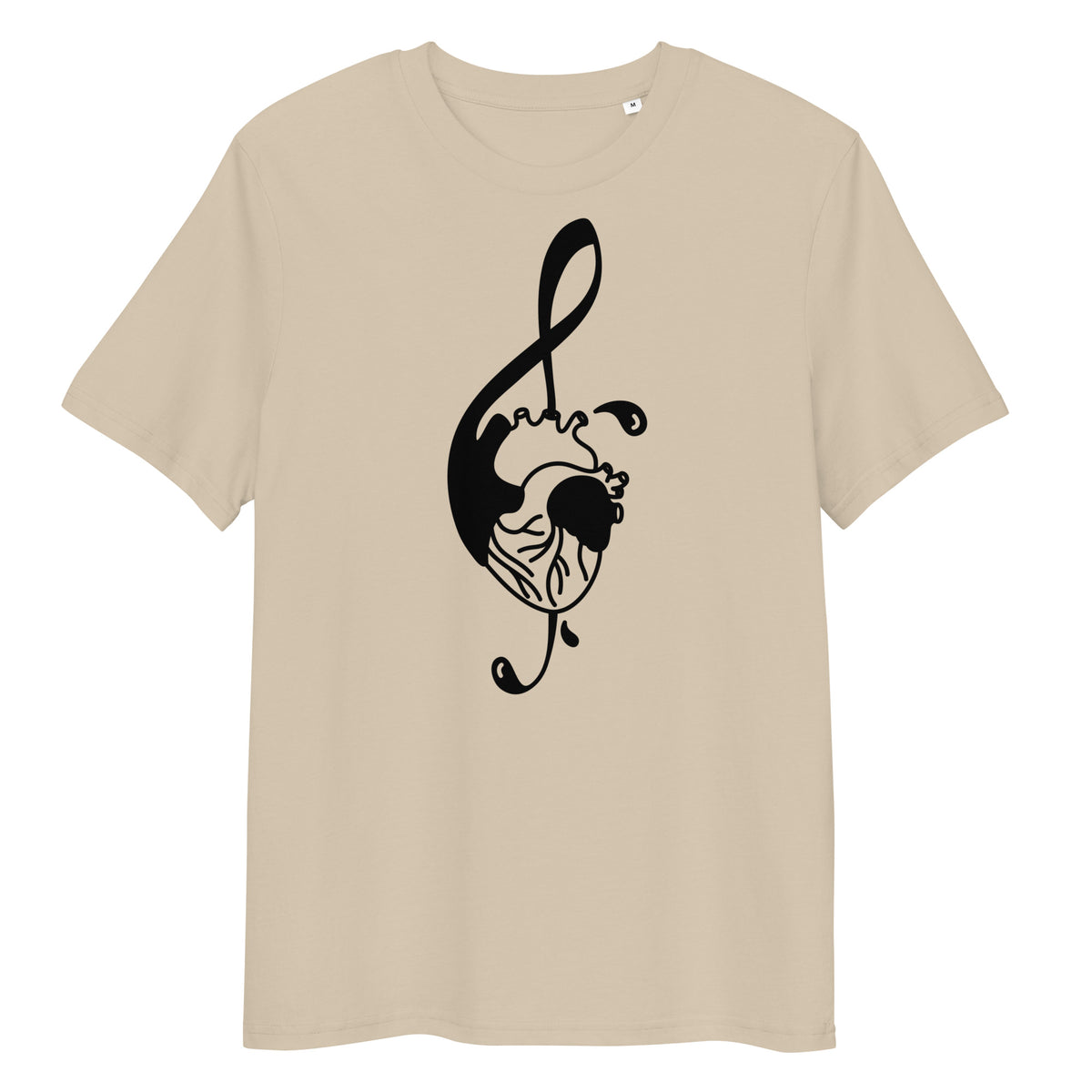 Beiges Bio-Baumwoll-T-Shirt mit schwarzem Notenschlüssel-Herz-Druck, Rundhalsausschnitt und klassischer Passform.