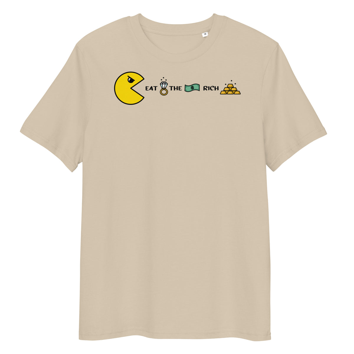 Beiges Bio-Baumwoll-T-Shirt mit Pac-Man-Grafik und dem Schriftzug Eat the Rich, mittlere Passform, nachhaltig produziert.
