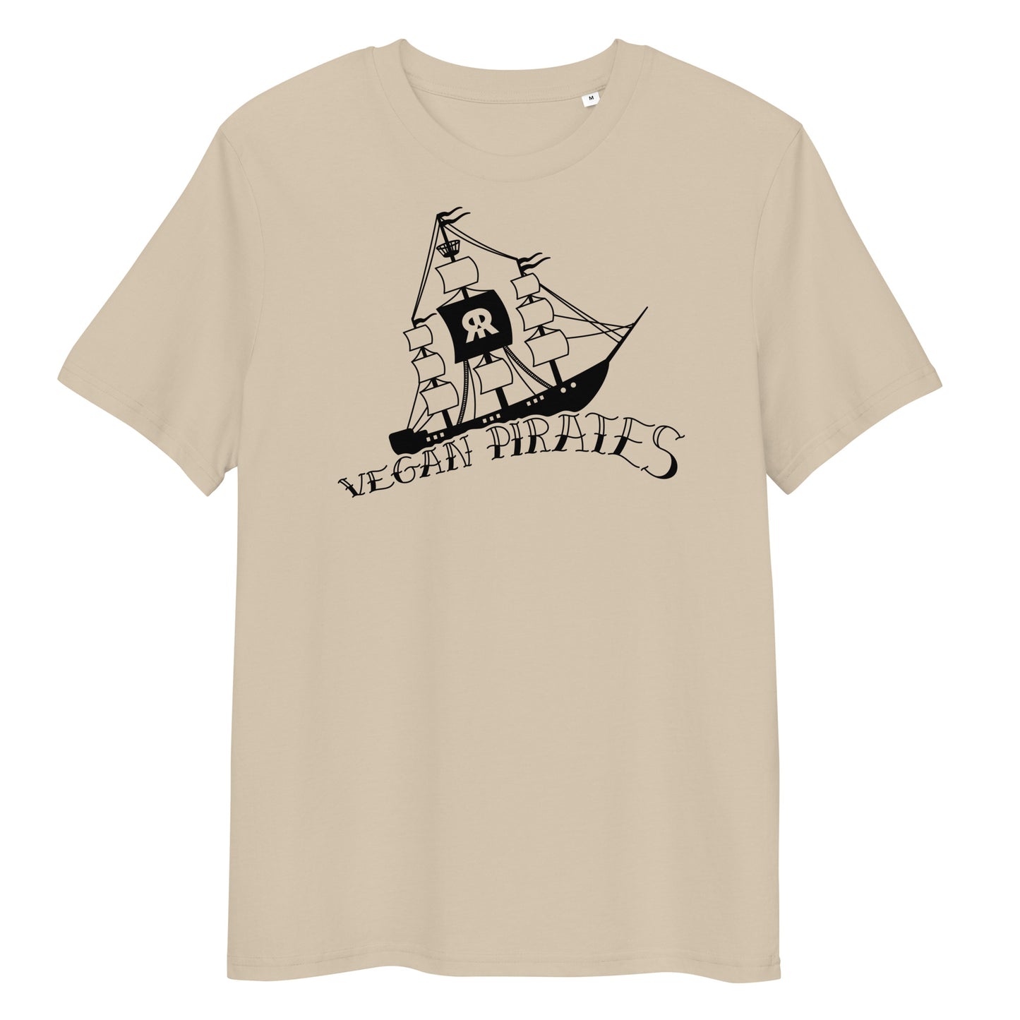 Beiges Bio-Baumwoll-T-Shirt mit schwarzem Vegan Pirates Segelschiff-Print und Rundhalsausschnitt.