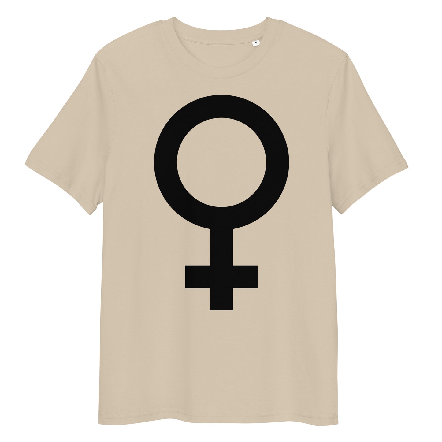 Beiges Bio-Baumwoll-T-Shirt mit schwarzem Feminismus-Symbol als Front-Print und klassischem Rundhalsausschnitt.