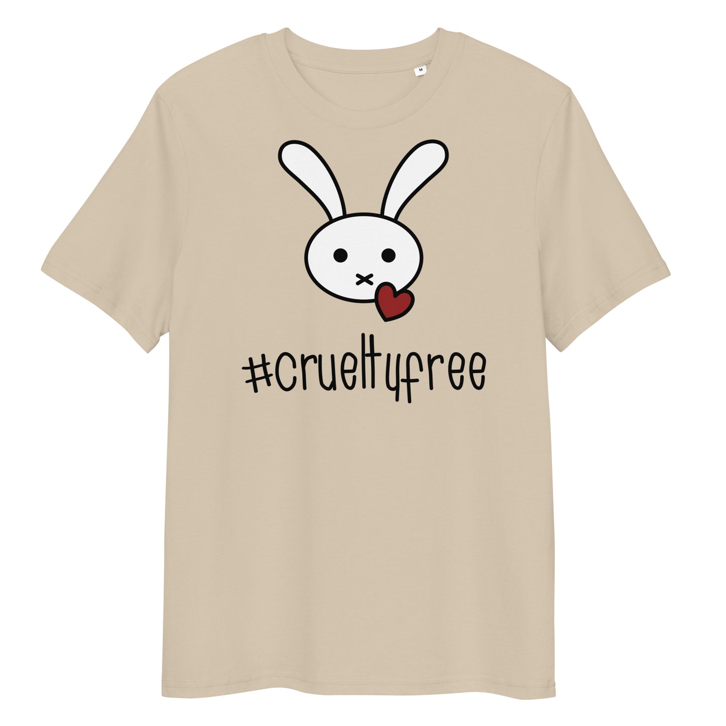 Beiges Bio-Baumwoll-T-Shirt mit Hasen-Grafik, rotem Herz und #crueltyfree Schriftzug.