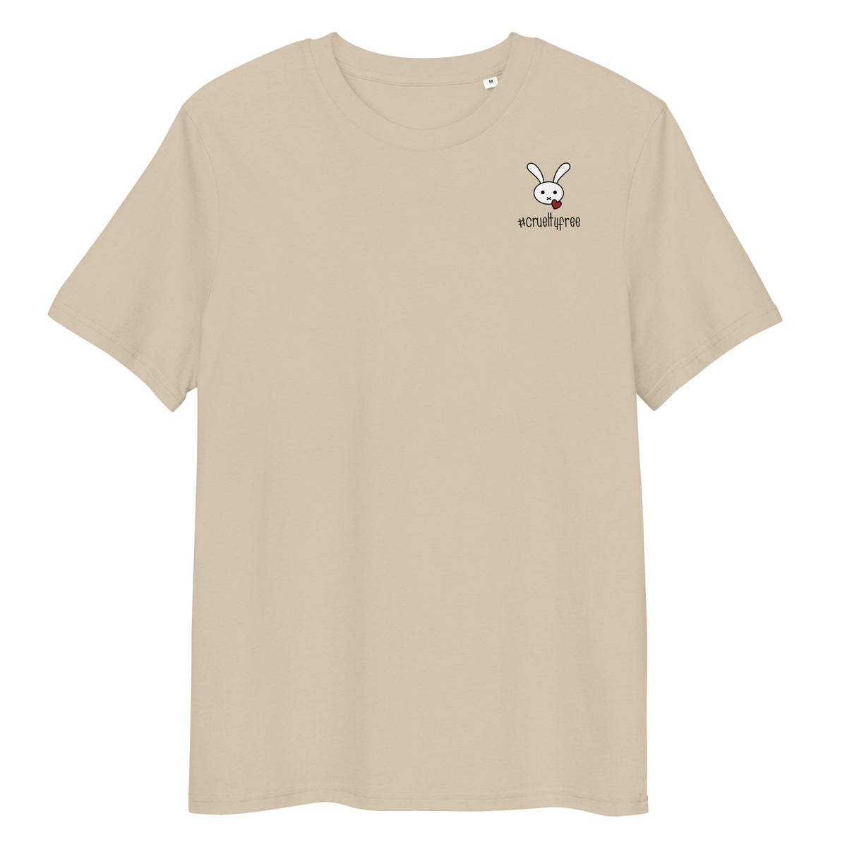 Beiges Bio-Baumwoll-T-Shirt mit kleinem Hasen-Motiv und #crueltyfree Schriftzug auf der Brust.