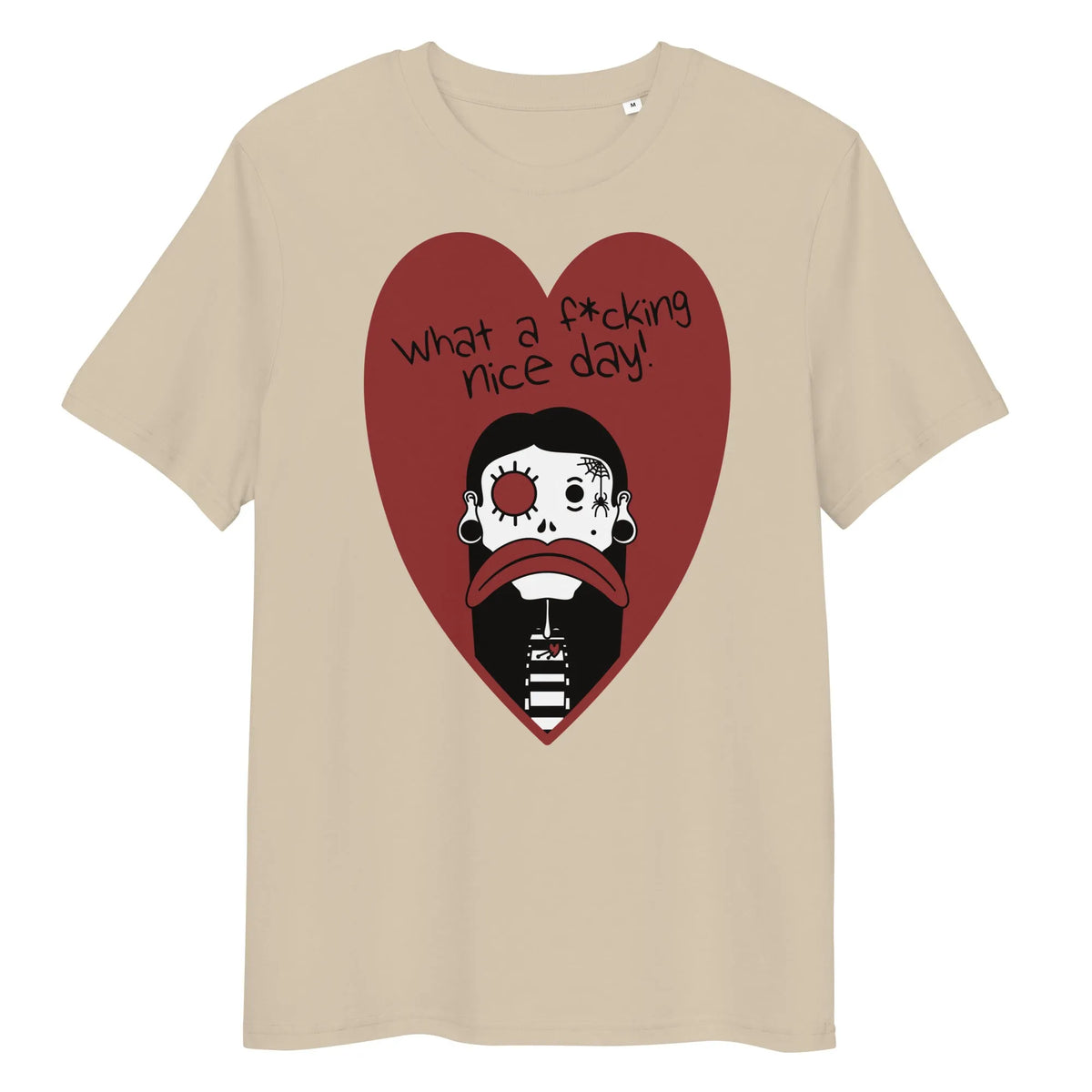 Veganes Bio-T-Shirt in Beige mit Herzmotiv und Cartoon-Gesicht vorne