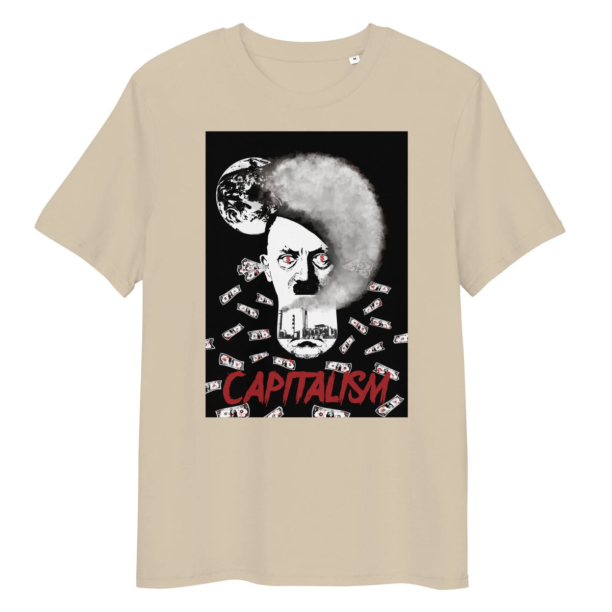 Beiges T-Shirt mit Rundhalsausschnitt und Grafik „CAPITALISM“