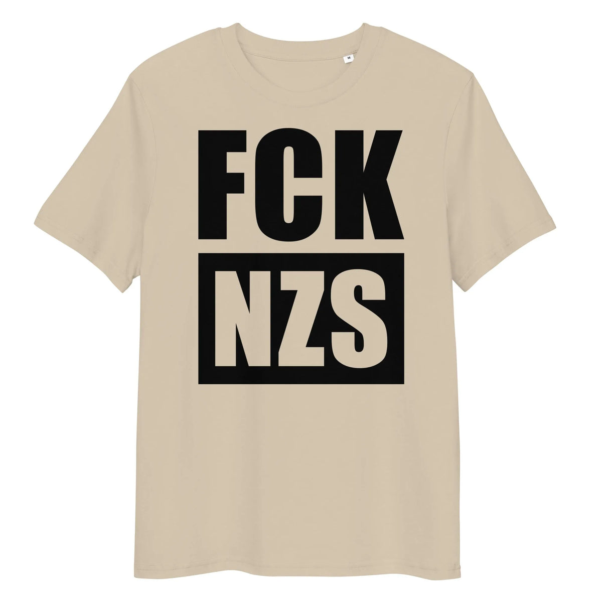 Veganes Bio-T-Shirt in Beige mit großem „FCK NZS“-Druck