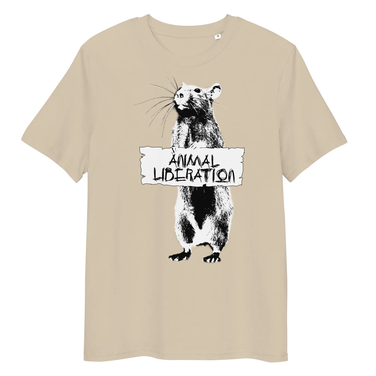T-Shirt in Beige mit Rattenmotiv und Aufdruck „ANIMAL LIBERATION“ vorne