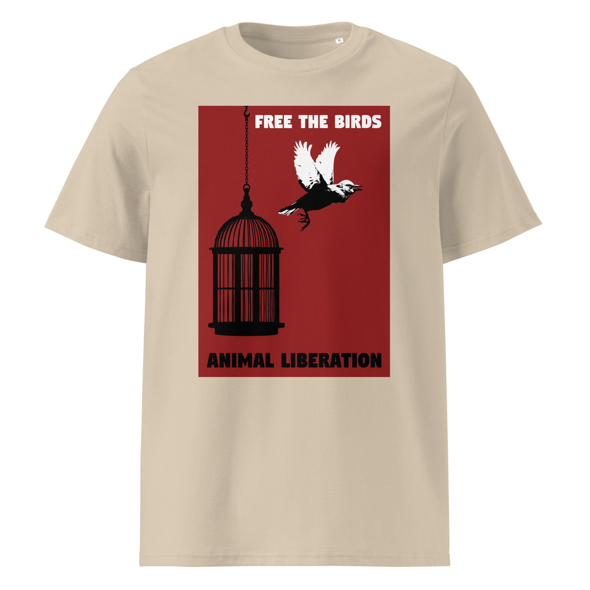 Beiges T-Shirt mit Vogel-im-Käfig-Print und Aufschrift „FREE THE BIRDS“