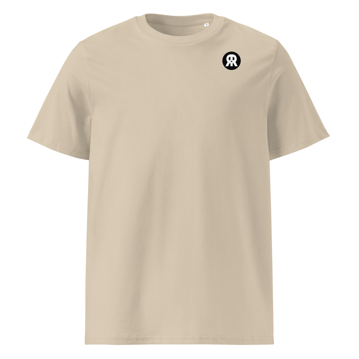 Beiges Bio-T-Shirt mit Rundhalsausschnitt und kleinem Emblem am Brustbereich