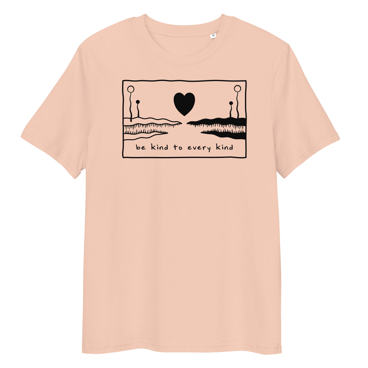 Pfirsichfarbenes Bio-Baumwoll-T-Shirt mit schwarzem „Be kind to every kind“-Aufdruck und Herz-Illustration.