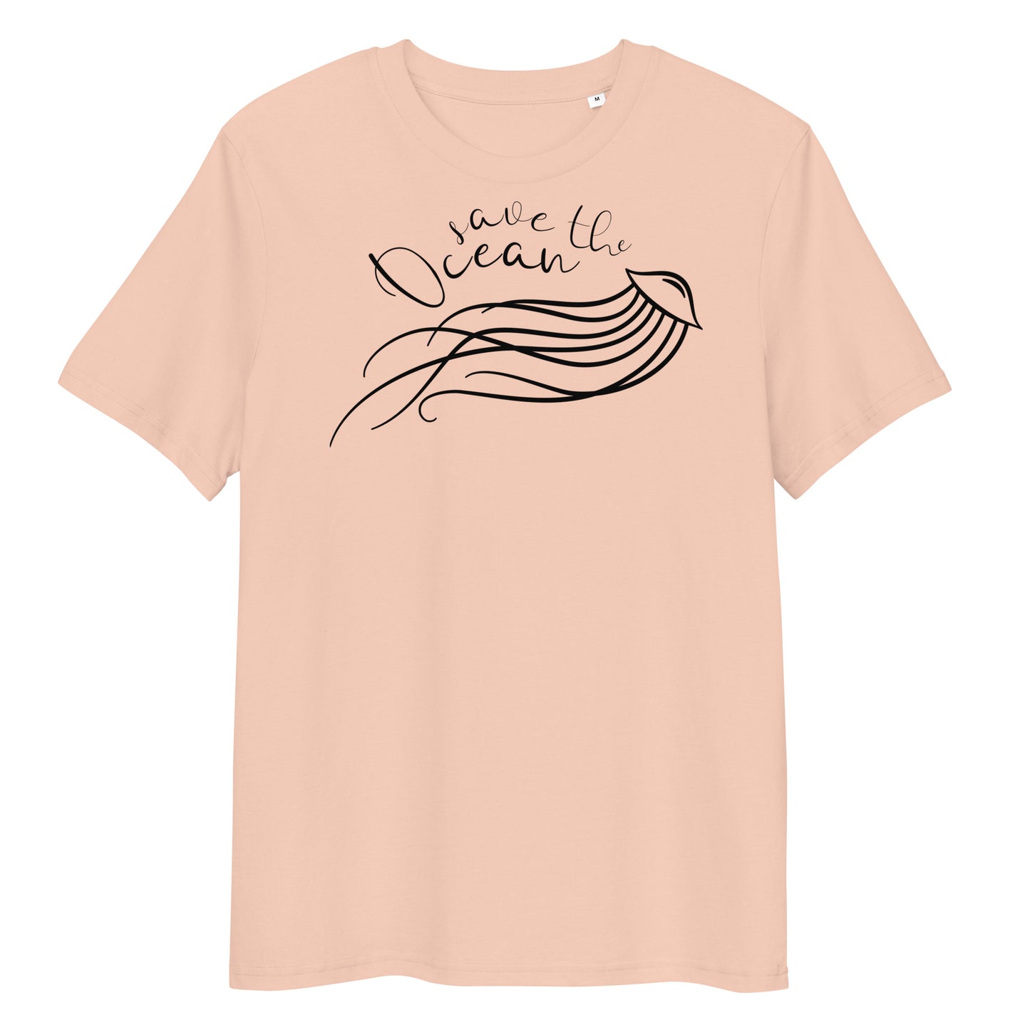 Pfirsichfarbenes Bio-Baumwoll-T-Shirt mit schwarzem „Save the Ocean“-Quallen-Aufdruck und Rundhalsausschnitt.
