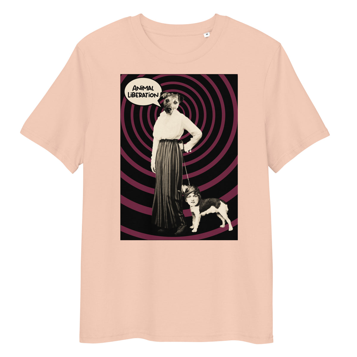 Hellrosa Bio-Baumwoll-T-Shirt mit Ladydog-Print, Animal Liberation Sprechblase und hypnotischem Spiral-Hintergrund.