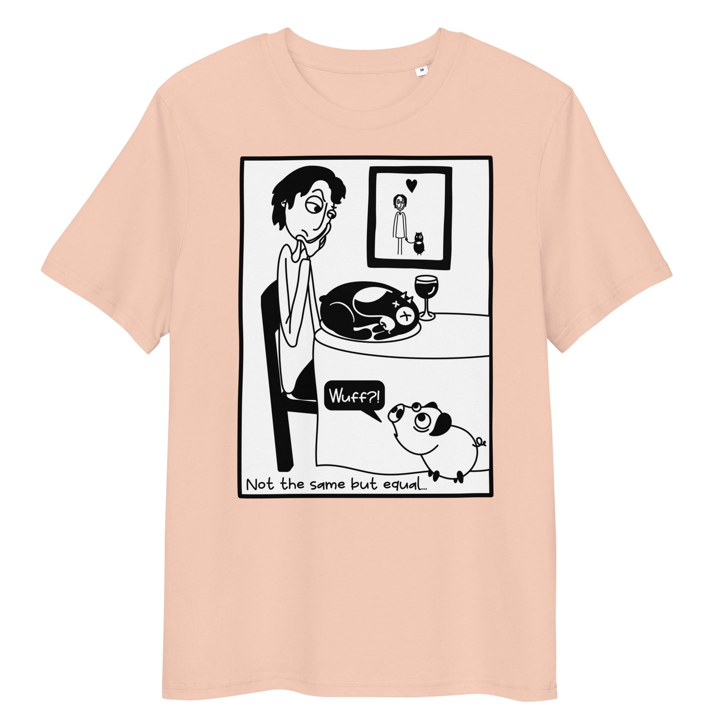 Pfirsichfarbenes Bio-Baumwoll-T-Shirt mit Comic-Print „Not the same but equal“ und Schweinchen-Motiv.