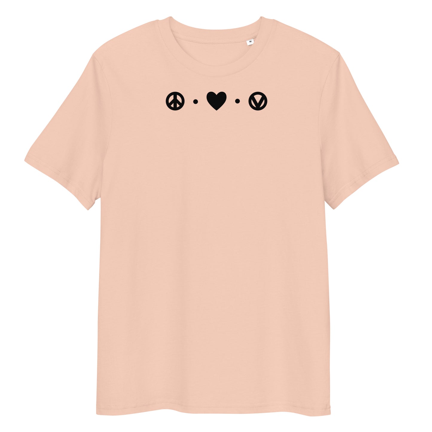 Pfirsichfarbenes Bio-Baumwoll-T-Shirt mit schwarzem Peace-Herz-Vegan-Aufdruck auf der Brust.