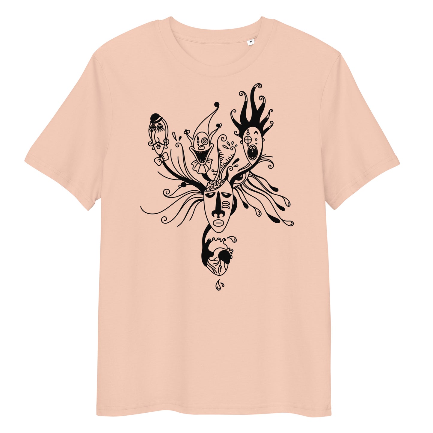 Pfirsichfarbenes Bio-Baumwoll-T-Shirt mit schwarzem Mental Health Grafik-Print im abstrakten Masken-Design.