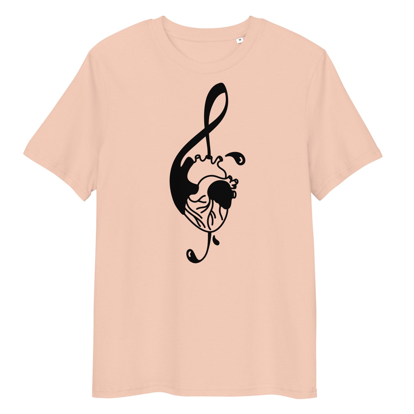 Hellrosa Bio-Baumwoll-T-Shirt mit schwarzem Notenschlüssel-Herz-Druck, Rundhalsausschnitt und klassischer Passform.