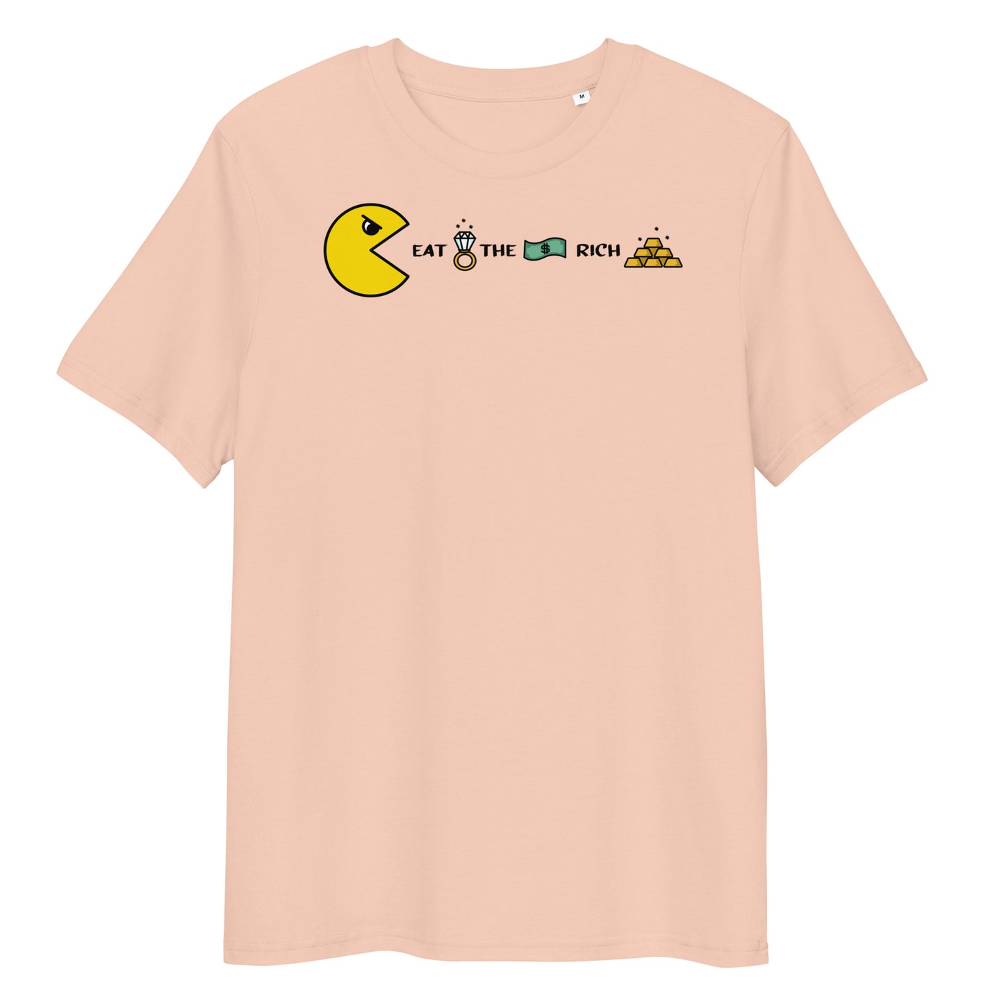 Beiges Bio-Baumwoll-T-Shirt mit Pac-Man-Grafik und dem Schriftzug Eat the Rich, inklusive Diamantring, Geldschein und Goldbarren.