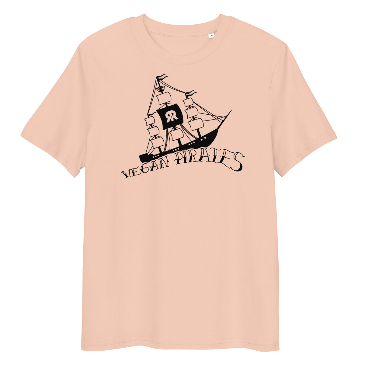 Hellrosa Bio-Baumwoll-T-Shirt mit schwarzem Vegan Pirates Segelschiff-Druck und Rundhalsausschnitt.