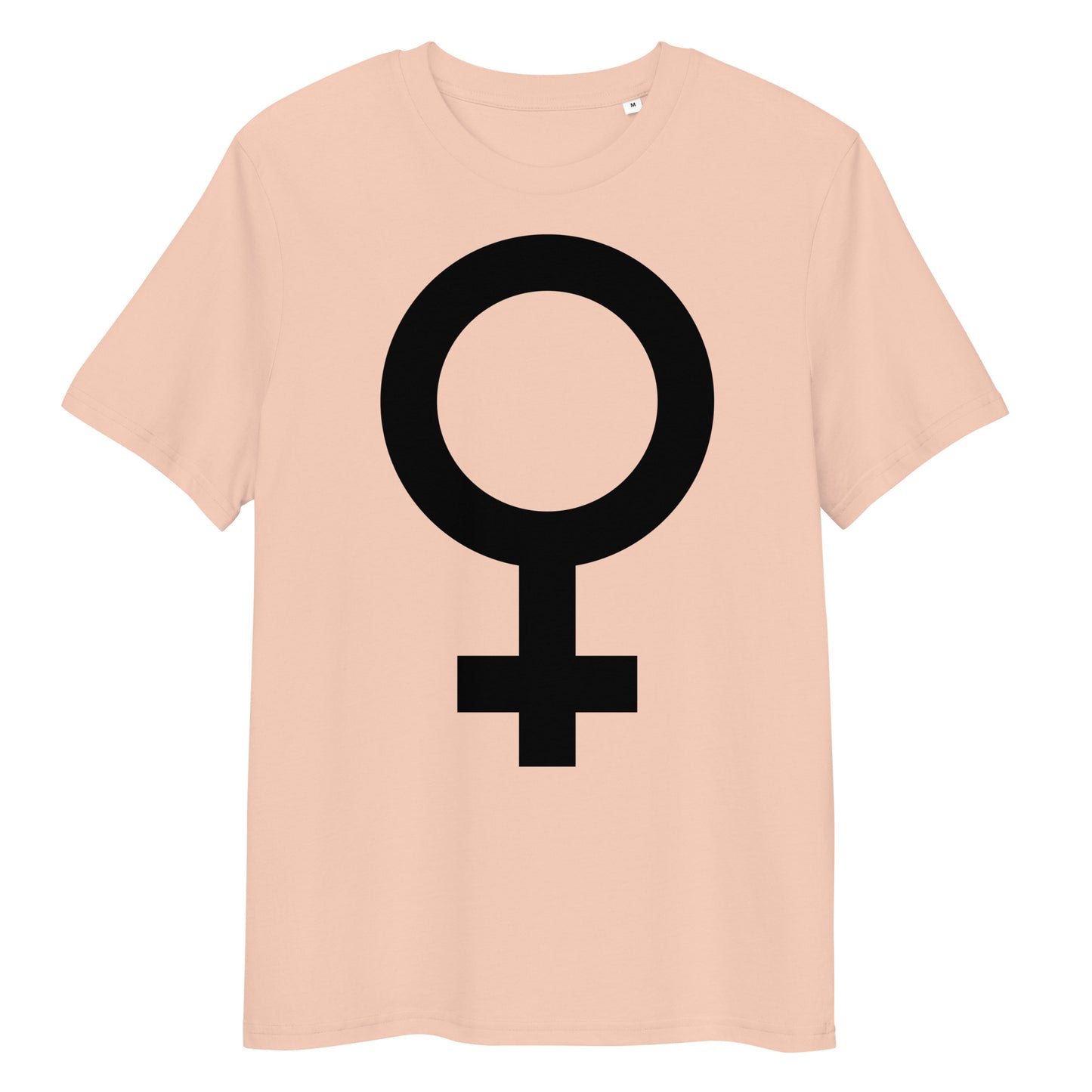 Hellrosa Bio-Baumwoll-T-Shirt mit schwarzem Venus-Symbol als Aufdruck und klassischem Rundhalsausschnitt.