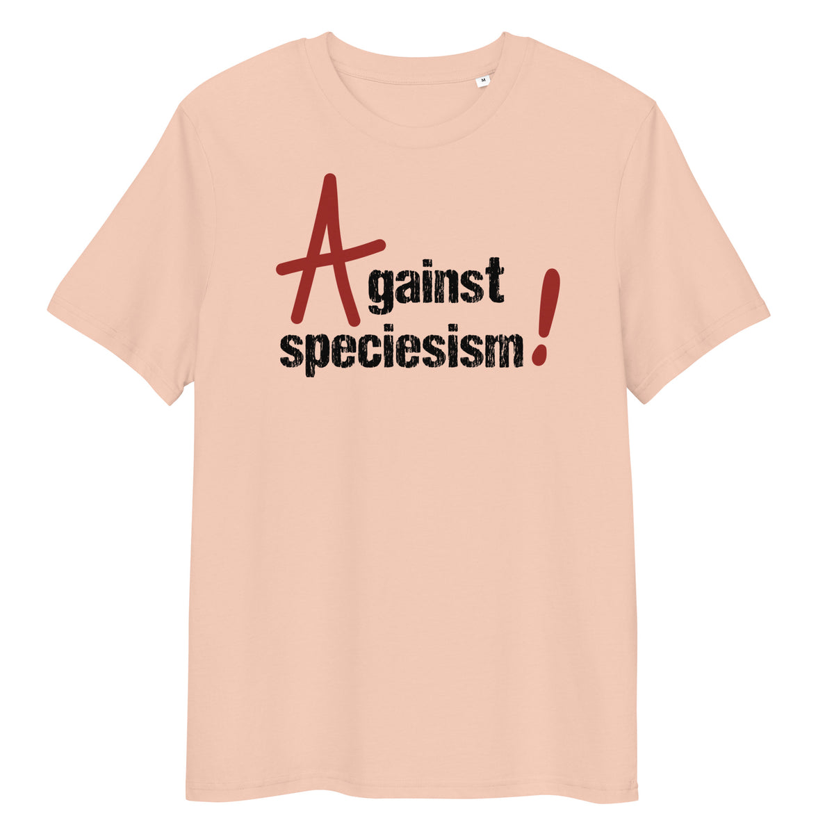 Beiges Bio-Baumwoll-T-Shirt mit rotem und schwarzem Aufdruck Against speciesism! und klassischem Rundhalsausschnitt.