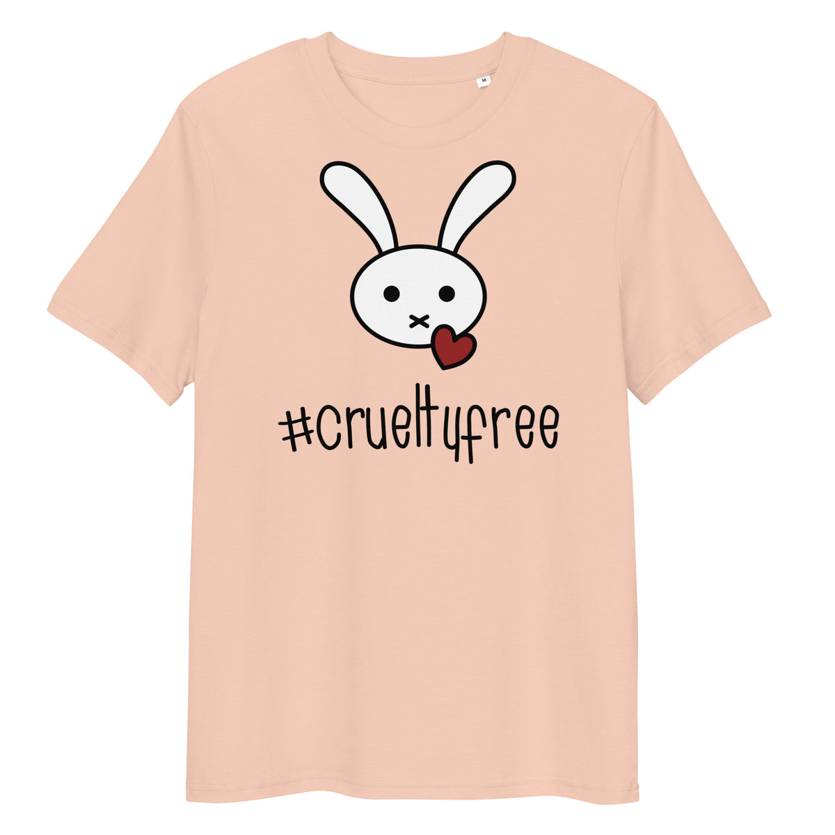 Hellrosa Bio-Baumwoll-T-Shirt mit Hasen-Grafik, rotem Herz und #crueltyfree Schriftzug.