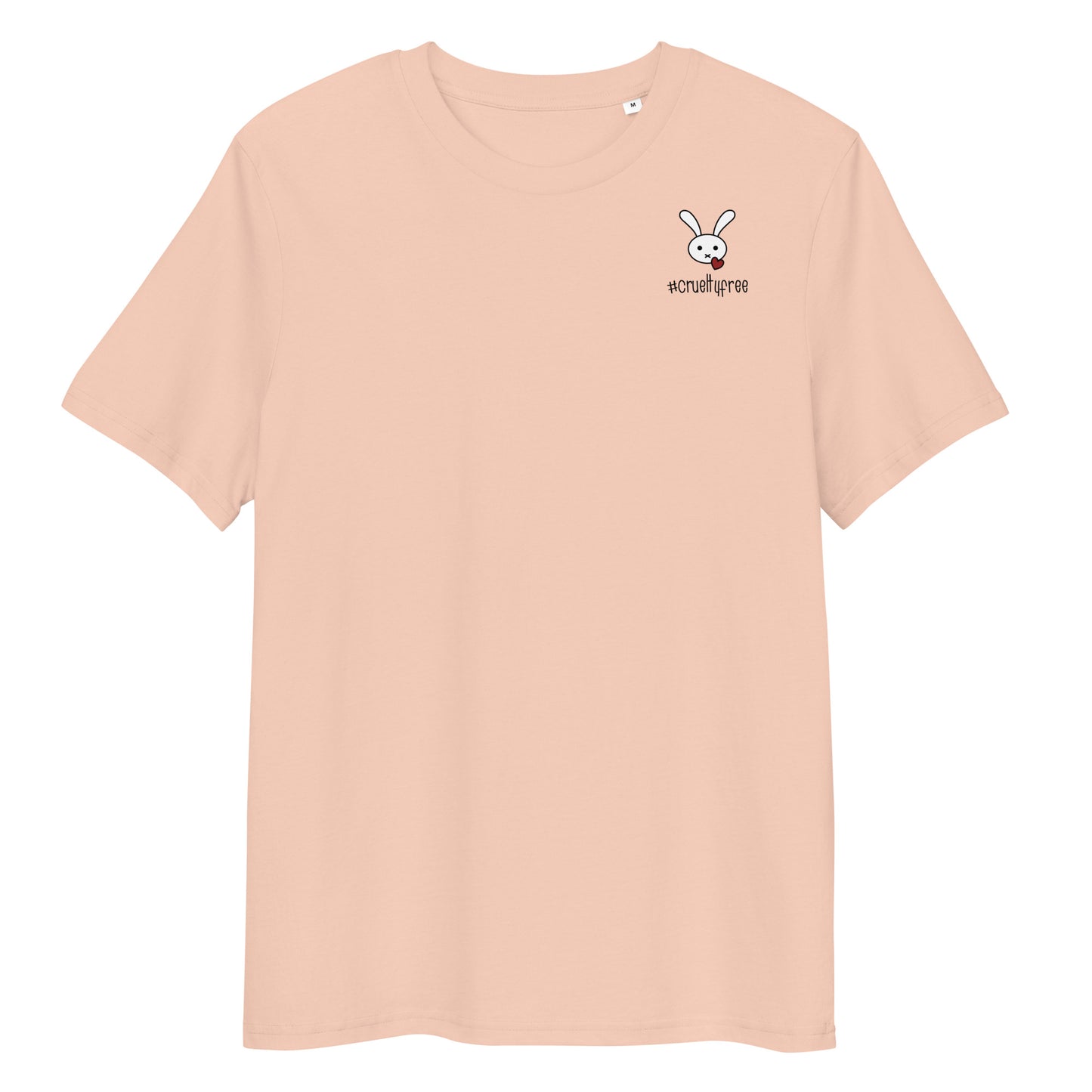 Pfirsichfarbenes Bio-Baumwoll-T-Shirt mit kleinem Hasen-Motiv und #crueltyfree Schriftzug auf der Brust.