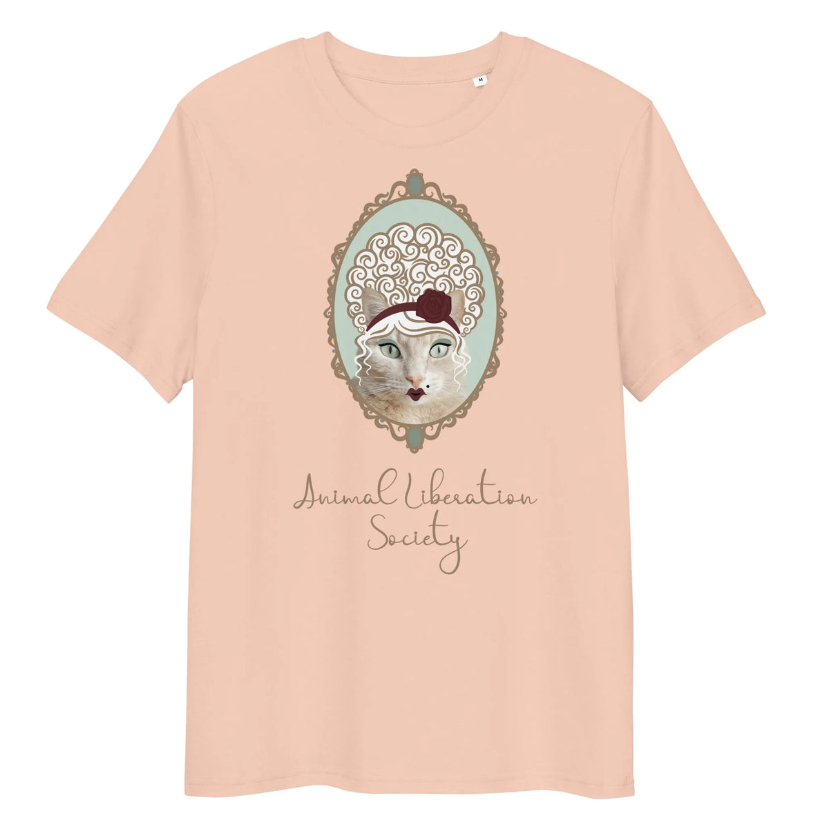 Damen-T-Shirt in Pfirsichrosa mit Katzenmotiv im ovalen Rahmen und Schriftzug
