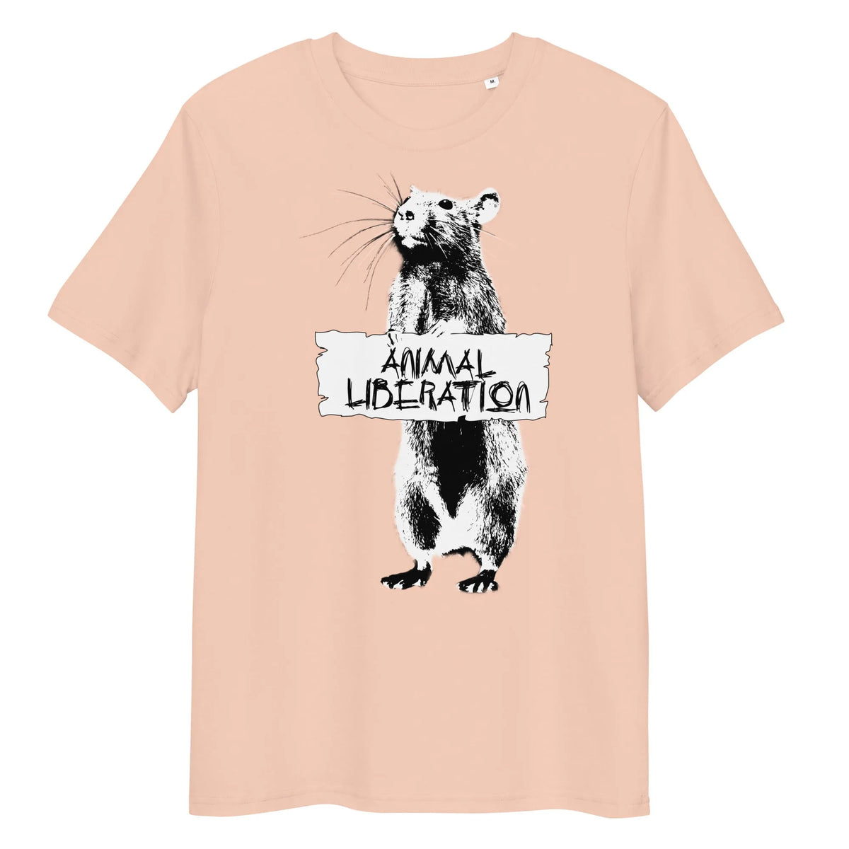Pfirsichfarbenes T-Shirt mit Rattenmotiv und Aufdruck „ANIMAL LIBERATION“
