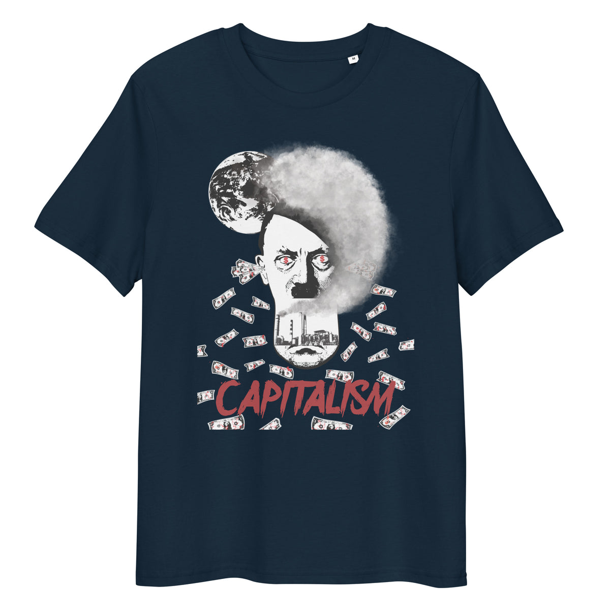 Unisex-T-Shirt in Dunkelblau mit großem Grafikprint „CAPITALISM“