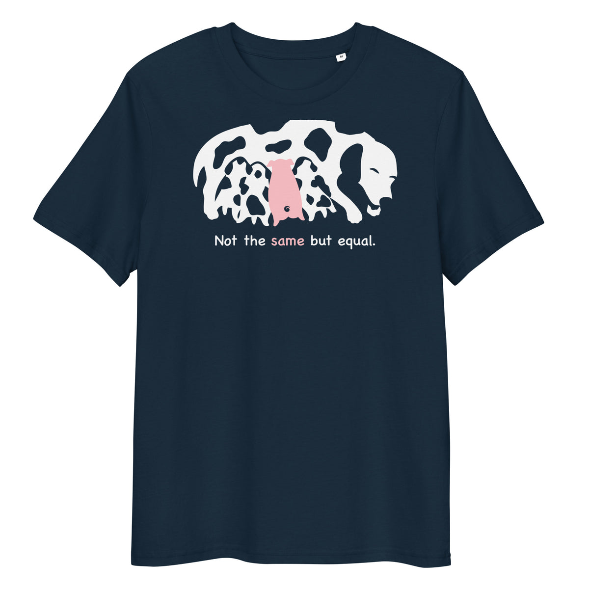 Dunkelblaues Bio-Baumwoll-T-Shirt mit weißem Kuh- und rosa Ferkel-Motiv sowie dem Schriftzug Not the same but equal.