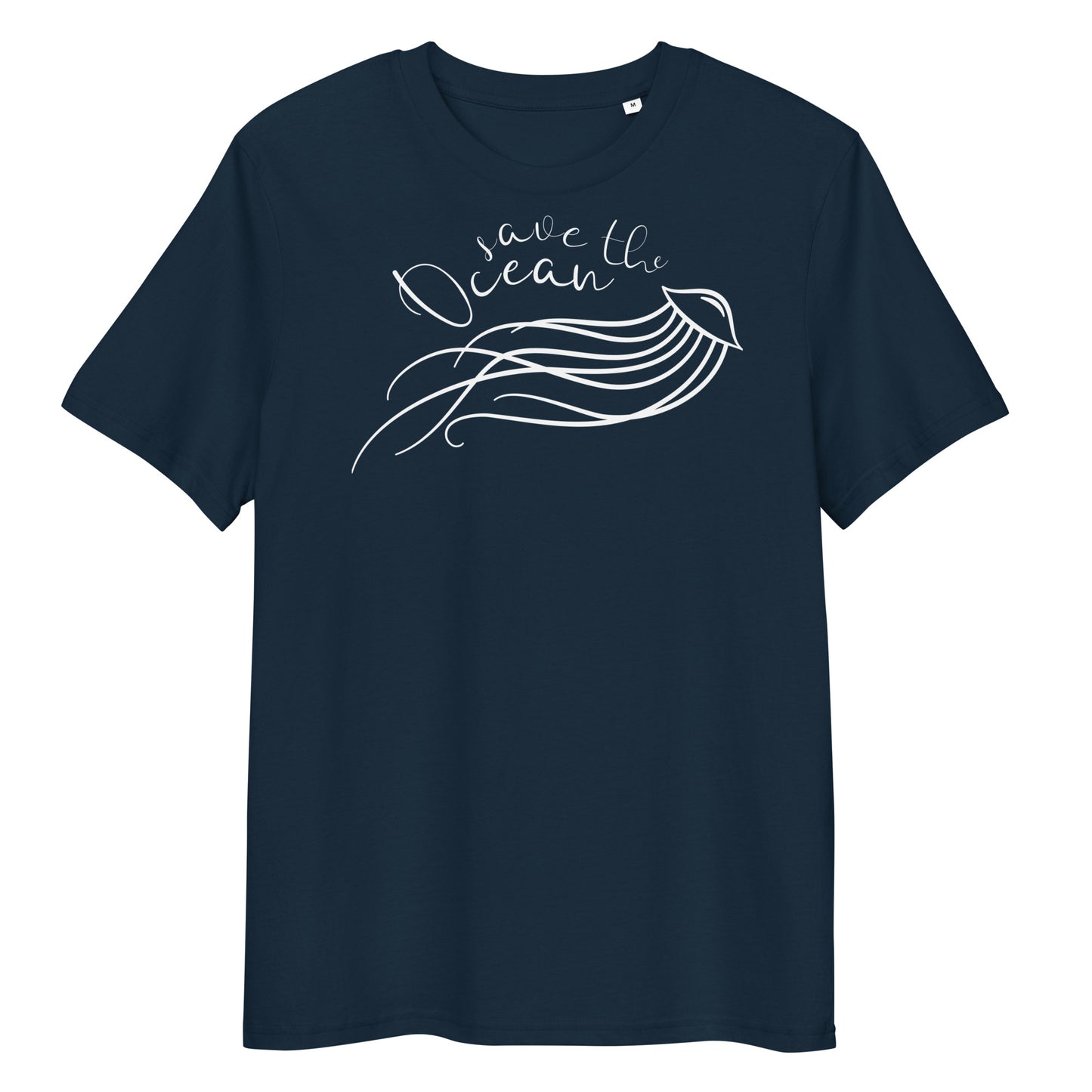Dunkelblaues Bio-Baumwoll-T-Shirt mit weißem Quallen-Aufdruck und dem Schriftzug Save the Ocean.