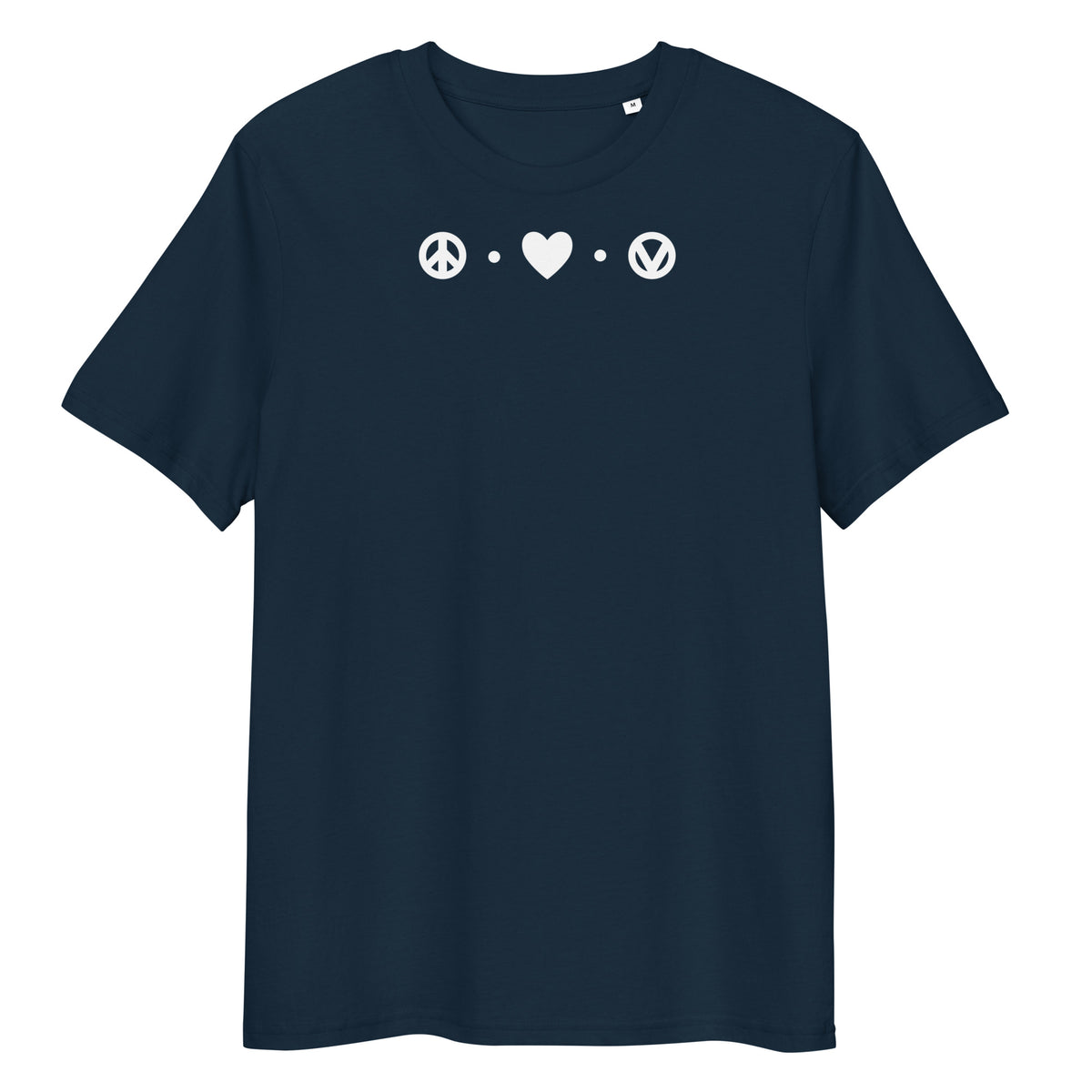 Dunkelblaues Bio-Baumwoll-T-Shirt mit weißem Peace-Love-Vegan-Aufdruck auf der Brust.