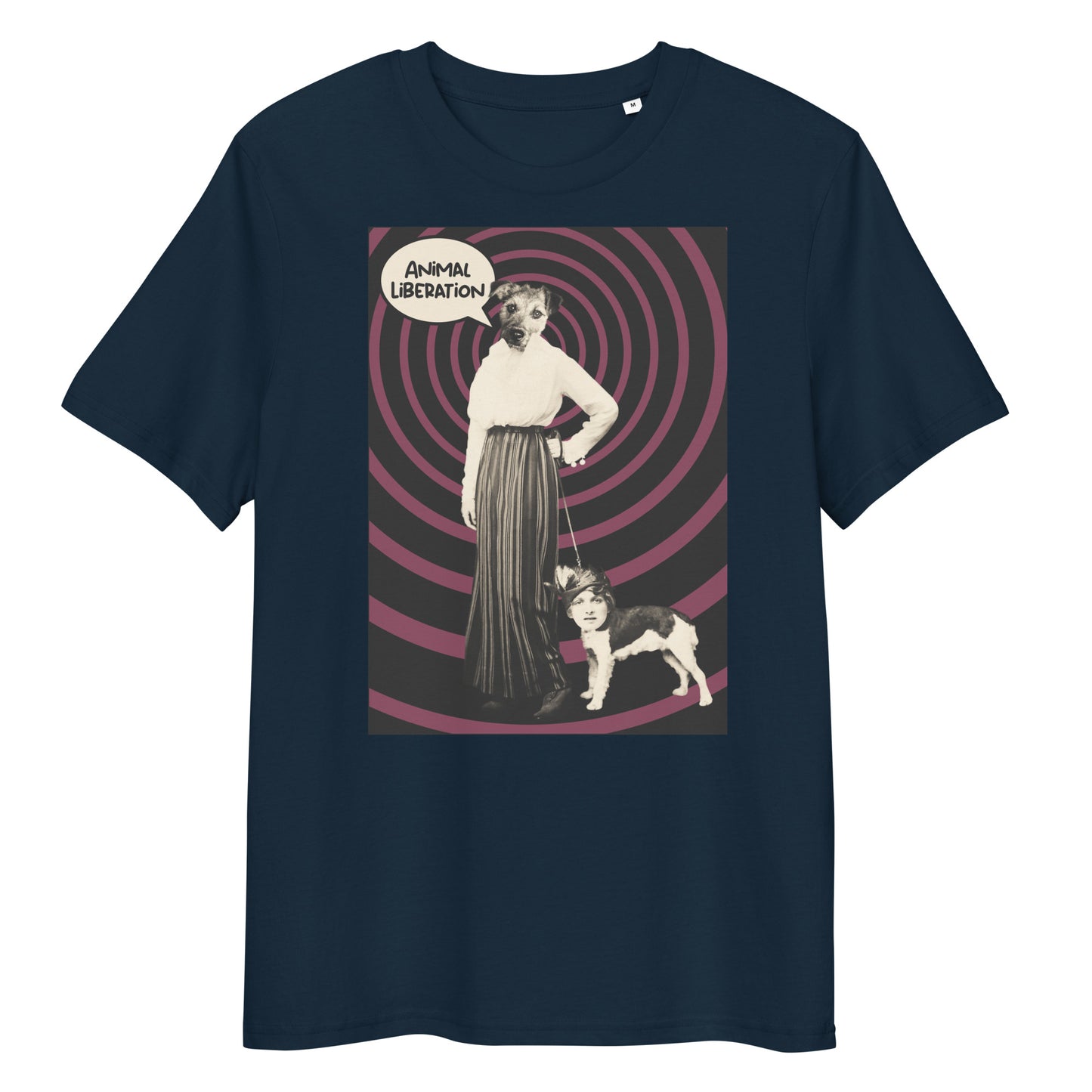 Dunkelblaues Bio-Baumwoll-T-Shirt mit Ladydog-Print, Sprechblase Animal Liberation und lila-schwarzem Spiralhintergrund.