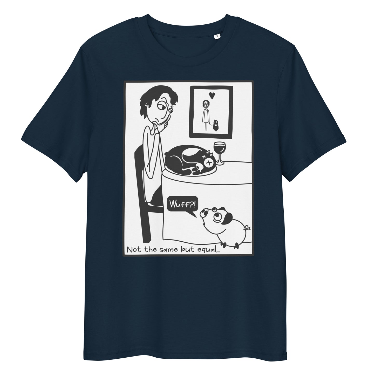 Dunkelblaues Bio-Baumwoll-T-Shirt mit Comic-Print „Not the same but equal“ und Schweine-Motiv.