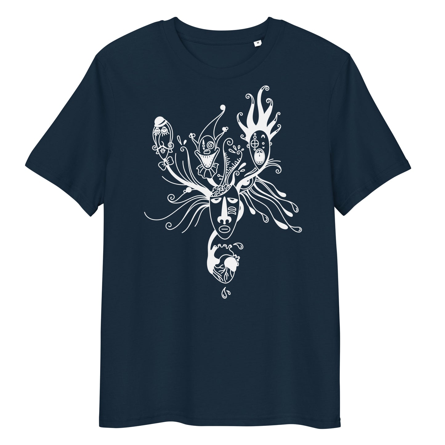 Dunkelblaues Bio-Baumwoll-T-Shirt mit weißem Mental Health Print, der eine Maske und abstrakte Figuren zeigt.