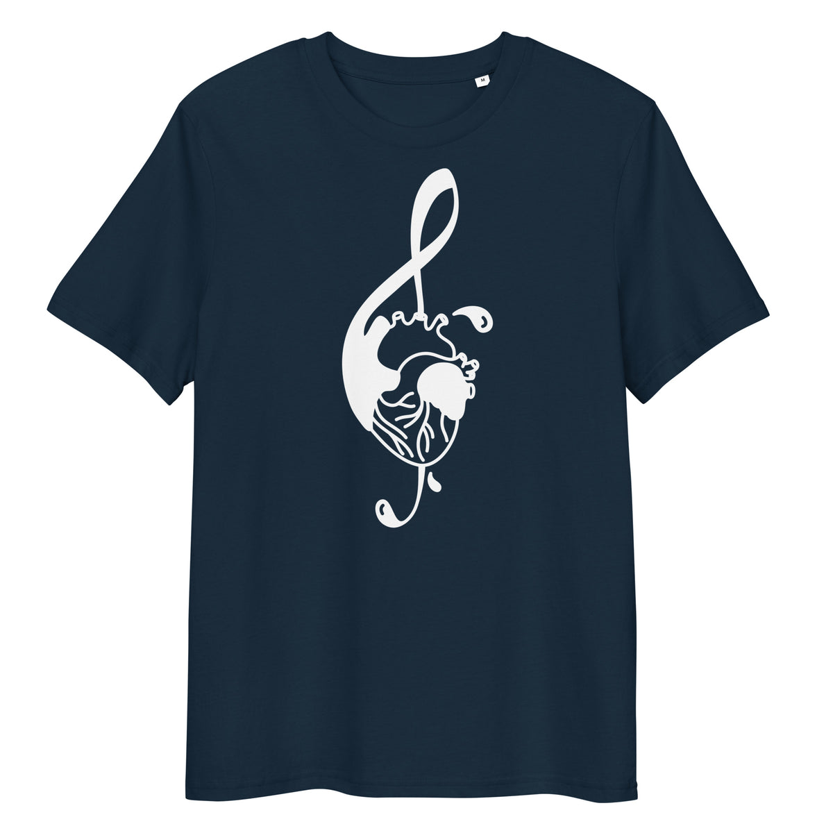 Dunkelblaues Bio-Baumwoll-T-Shirt mit weißem Notenschlüssel-Herz-Druck, Rundhalsausschnitt und klassischer Passform.