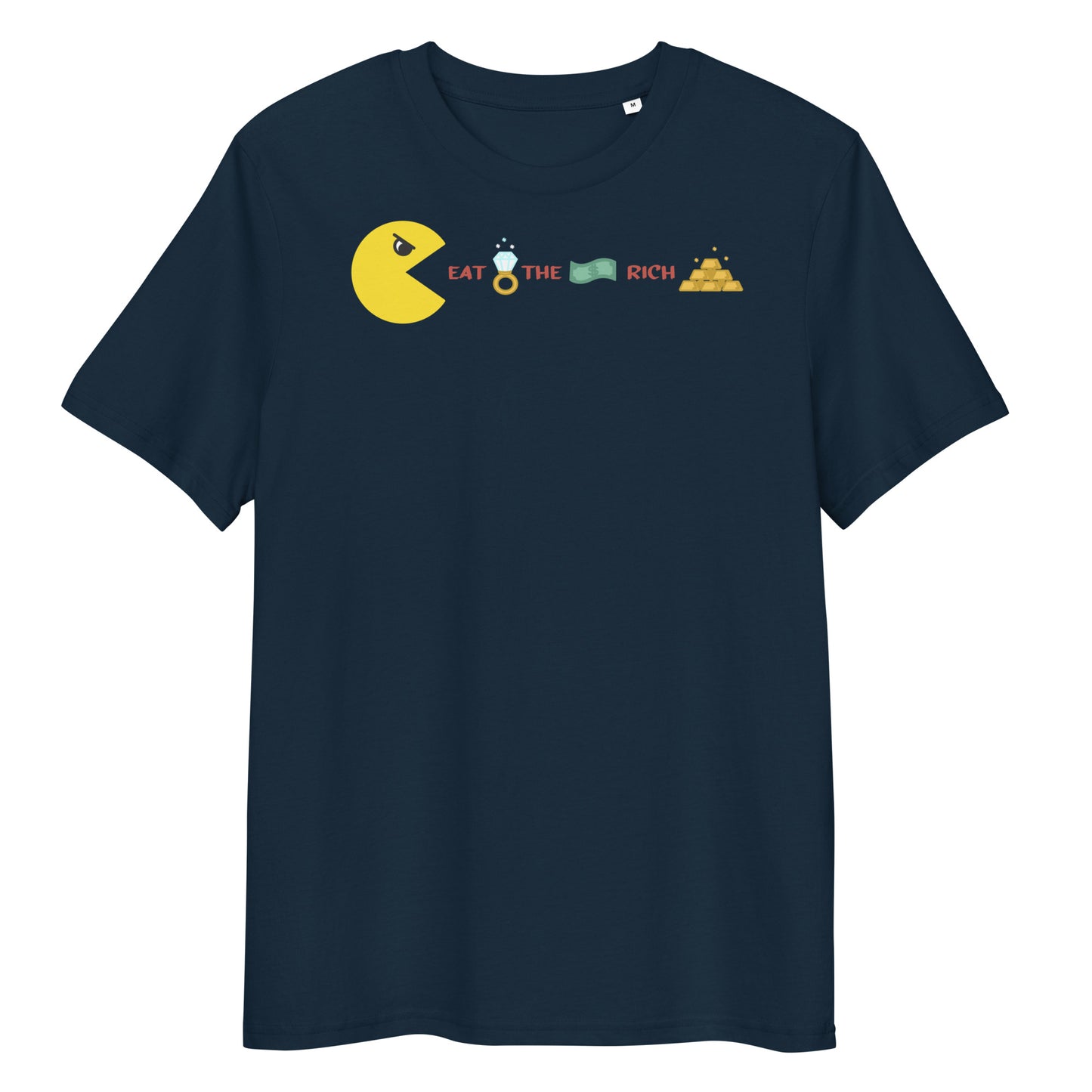 Dunkelblaues Bio-Baumwoll-T-Shirt mit Pac-Man-Grafik und dem Schriftzug Eat the Rich in mittlerer Passform.