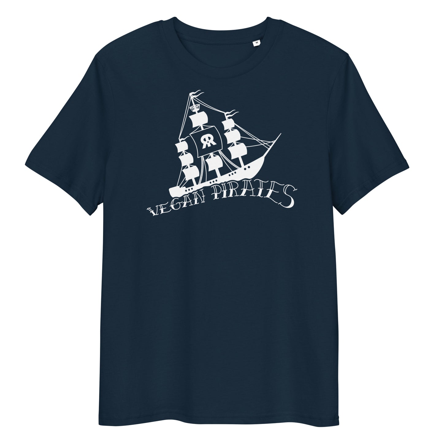Dunkelblaues Bio-Baumwoll-T-Shirt mit weißem Vegan Pirates Segelschiff-Aufdruck und Rundhalsausschnitt.