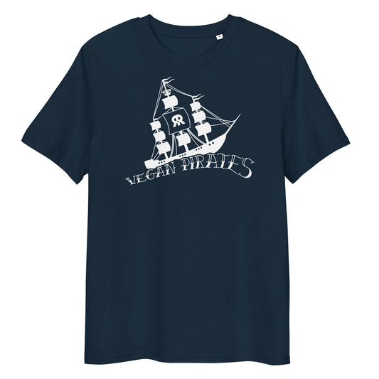 Dunkelblaues T-Shirt mit großem Piratenmotiv und Schriftzug „VEGAN PIRATES“