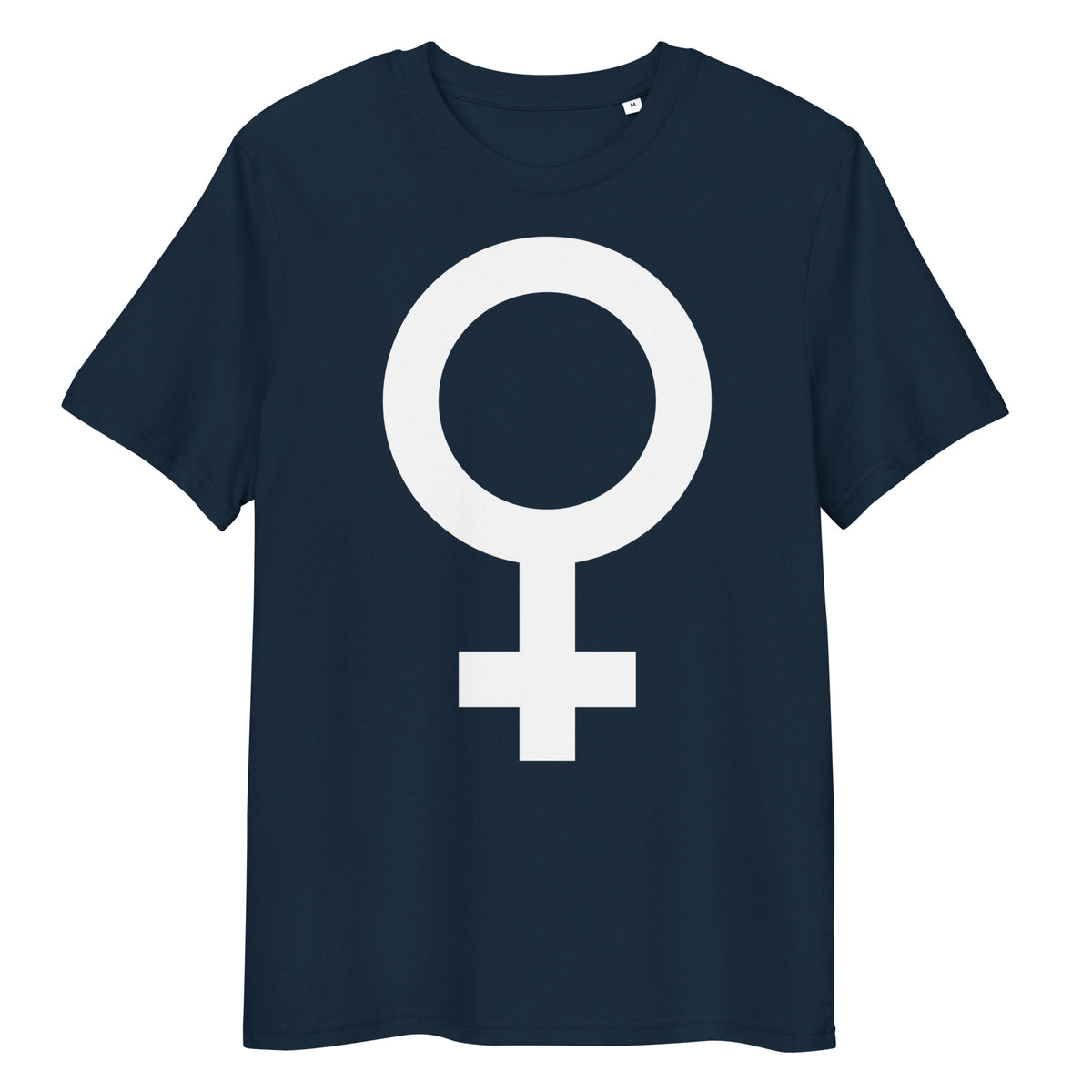 Dunkelblaues Bio-Baumwoll-T-Shirt mit weißem Feminismus-Symbol als Print, mittlere Passform, Größe M.
