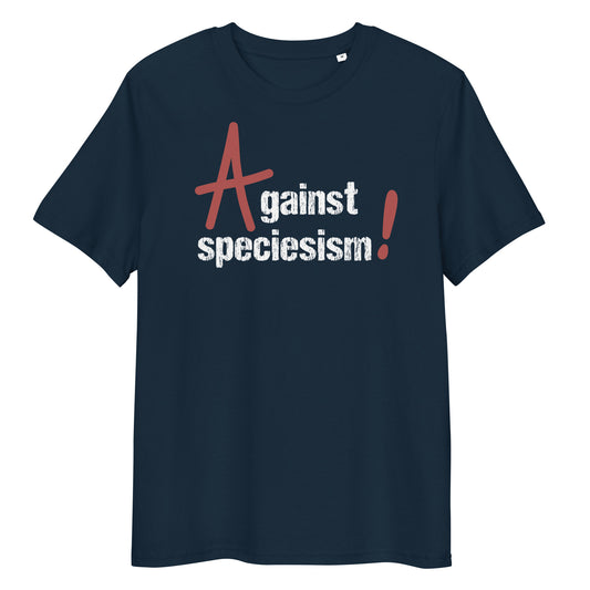 Dunkelblaues T-Shirt mit Aufdruck „Against speciesism!“ vorne