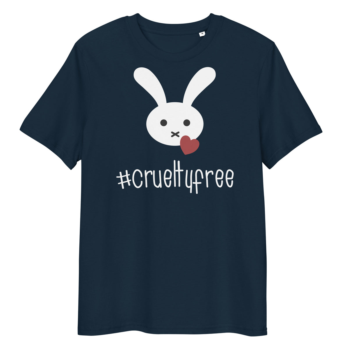 Dunkelblaues Bio-Baumwoll-T-Shirt mit weißem Hasen-Motiv, rotem Herz und #crueltyfree Schriftzug.
