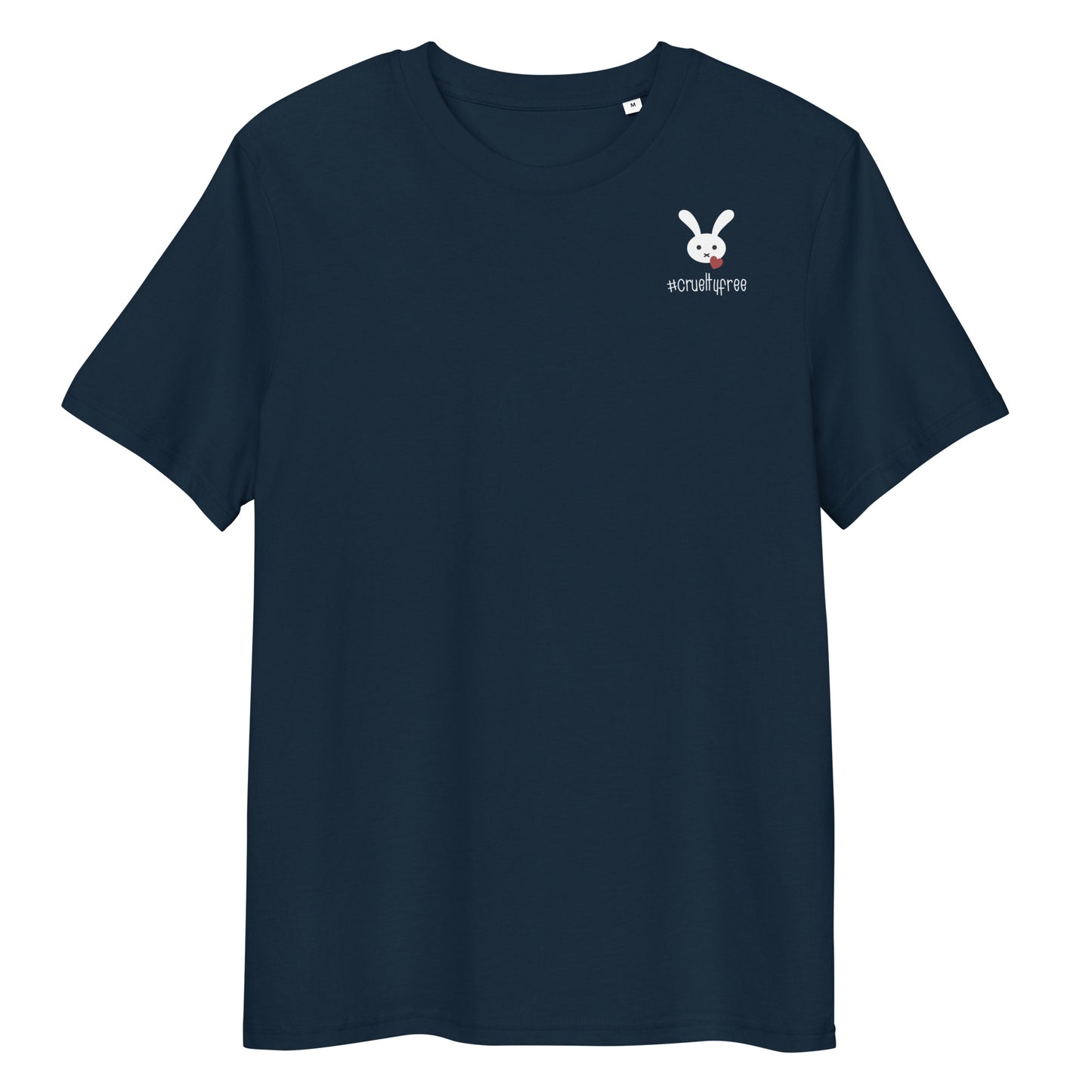 Dunkelblaues Bio-Baumwoll-T-Shirt mit weißem Hasen-Logo und #crueltyfree Schriftzug auf der Brust.
