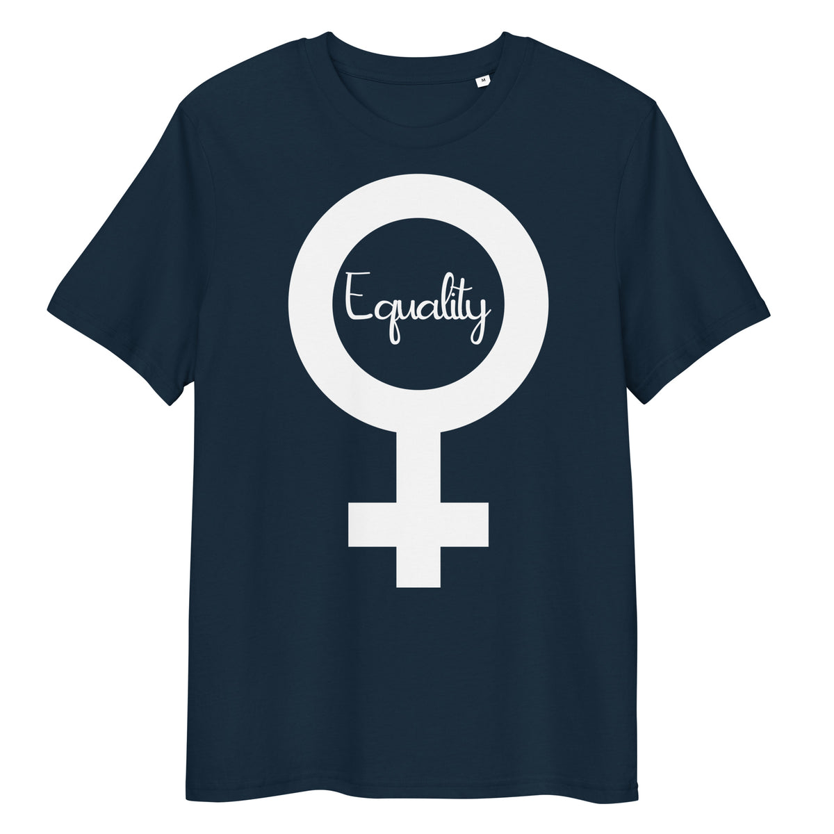 Dunkelblaues Bio-Baumwoll-T-Shirt mit weißem weiblichem Symbol und Equality-Schriftzug im Siebdruck.