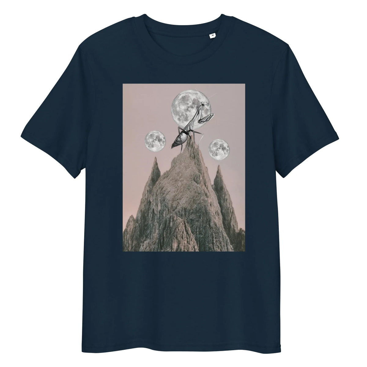 Veganes Bio-T-Shirt, stargazerblau, Rundhalsausschnitt, Frontprint mit Mantis und Bergen