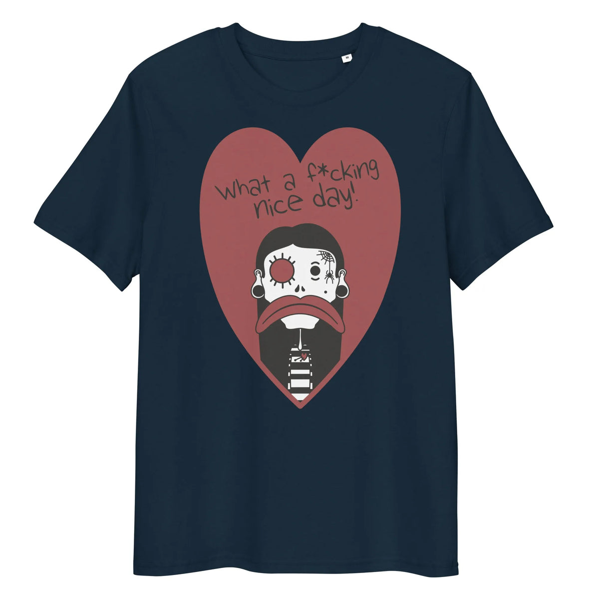 Veganes Bio-T-Shirt in Dunkelblau mit Herzmotiv und Cartoon-Gesicht vorne