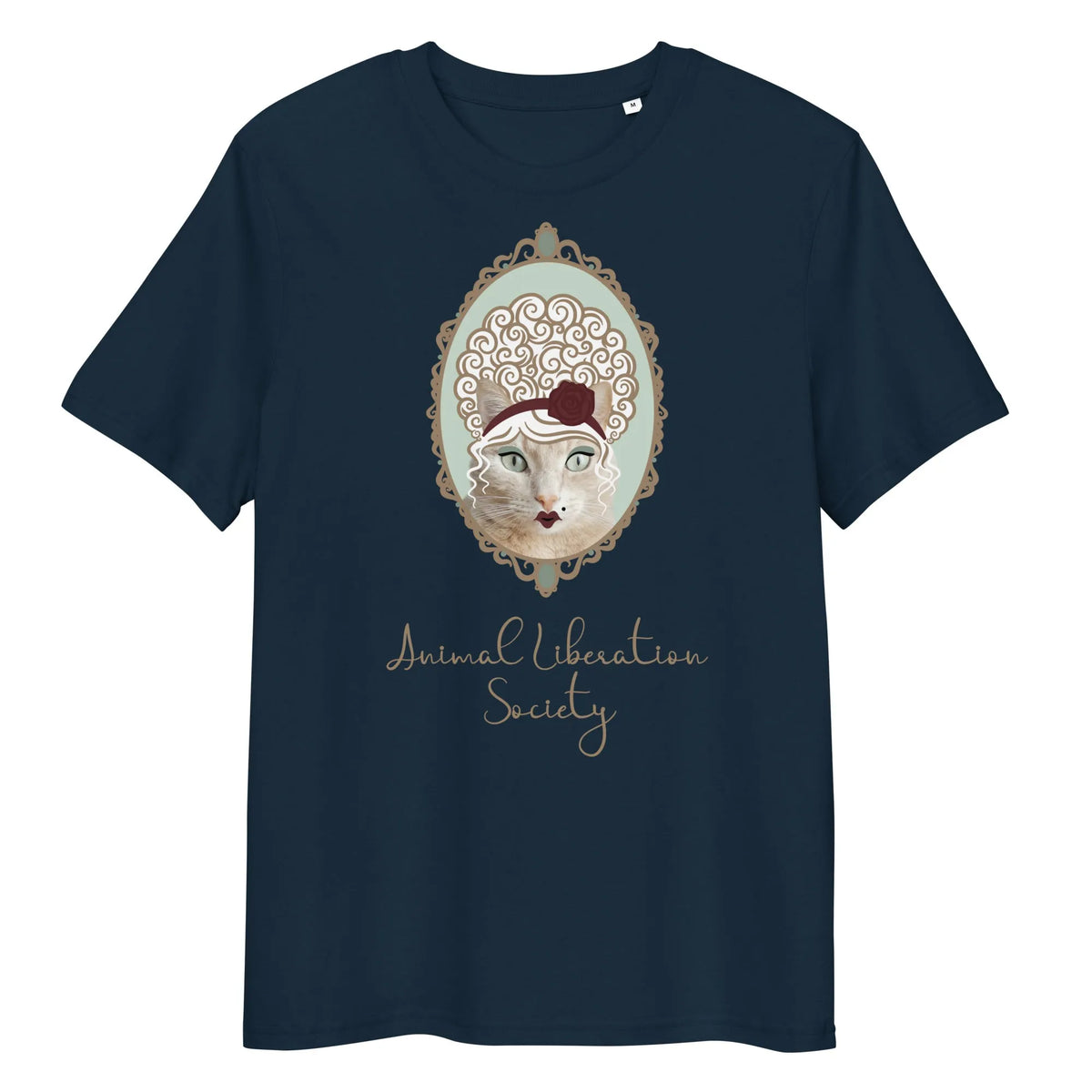 Damen-T-Shirt in Dunkelblau mit Katzenmotiv im ovalen Rahmen und Schriftzug