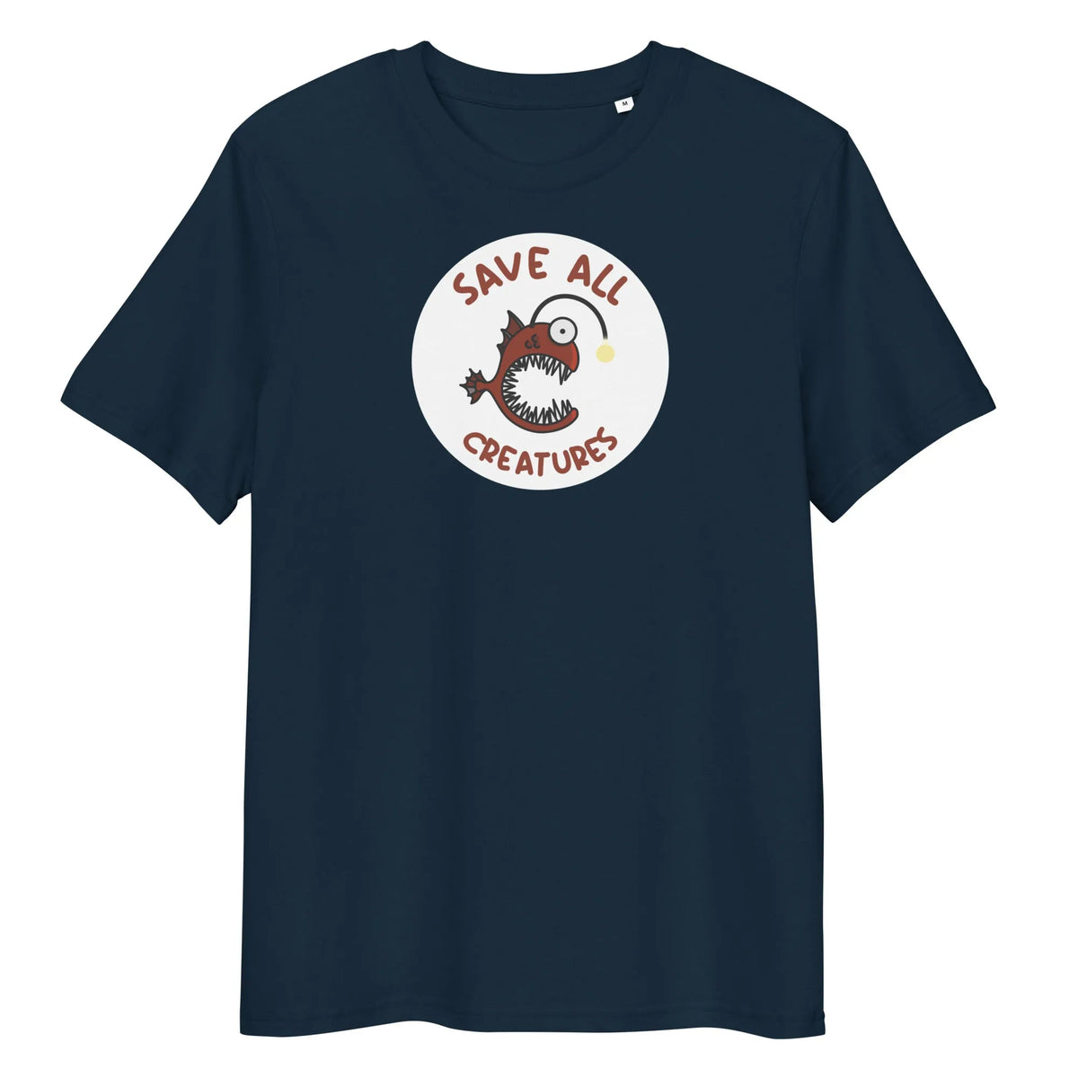 Dunkelblaues T-Shirt mit rundem Froschfisch-Print „Save All Creatures“
