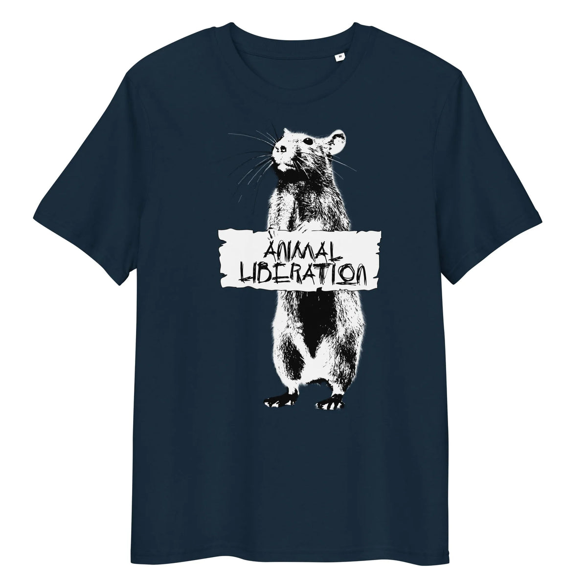 T-Shirt in Dunkelblau mit Rattenmotiv und Aufdruck „ANIMAL LIBERATION“ vorne
