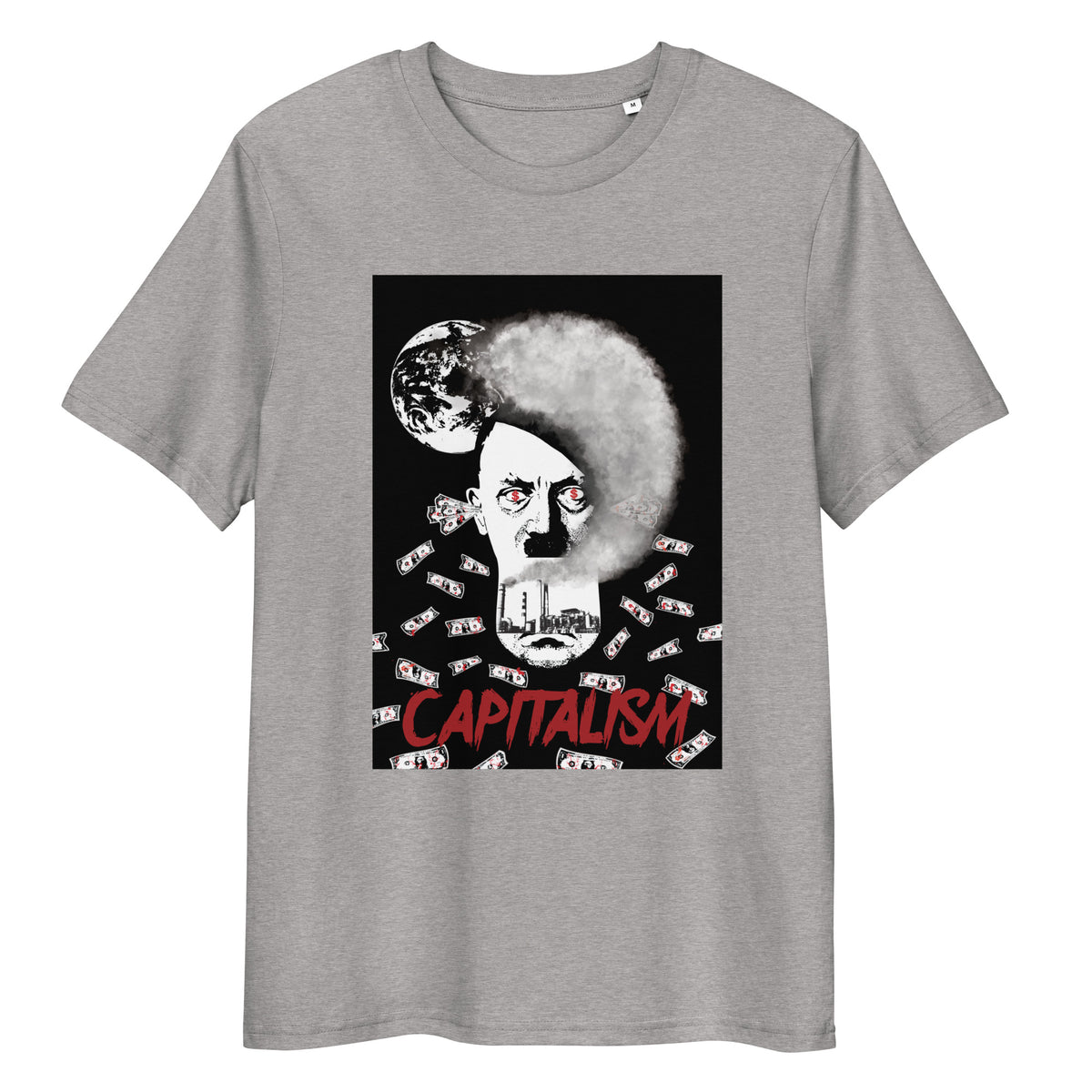 Unisex-T-Shirt in Hellgrau meliert mit großem Grafikprint „CAPITALISM“